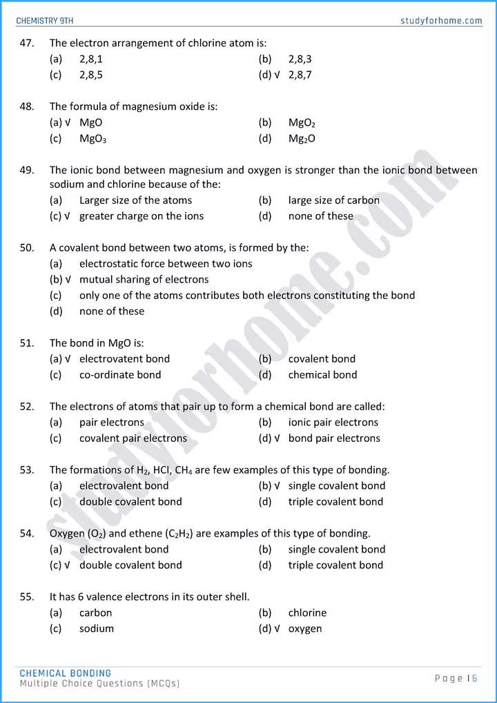 chemical bonding multiple choice questions chemistry class 9th 06