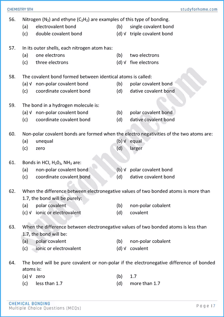 chemical bonding multiple choice questions chemistry class 9th 07