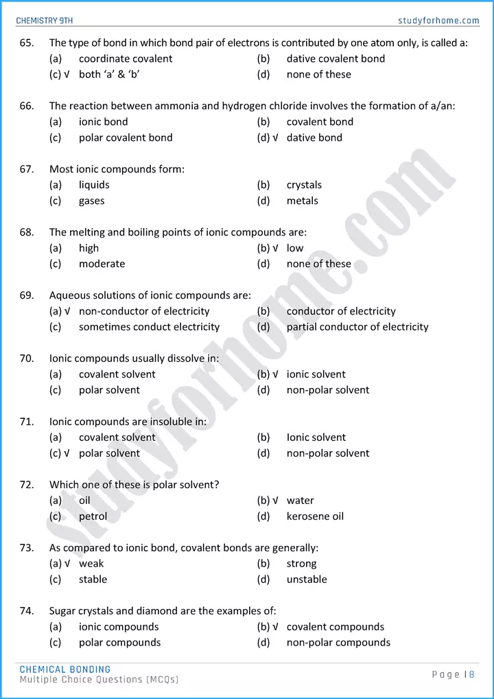 chemical bonding multiple choice questions chemistry class 9th 08