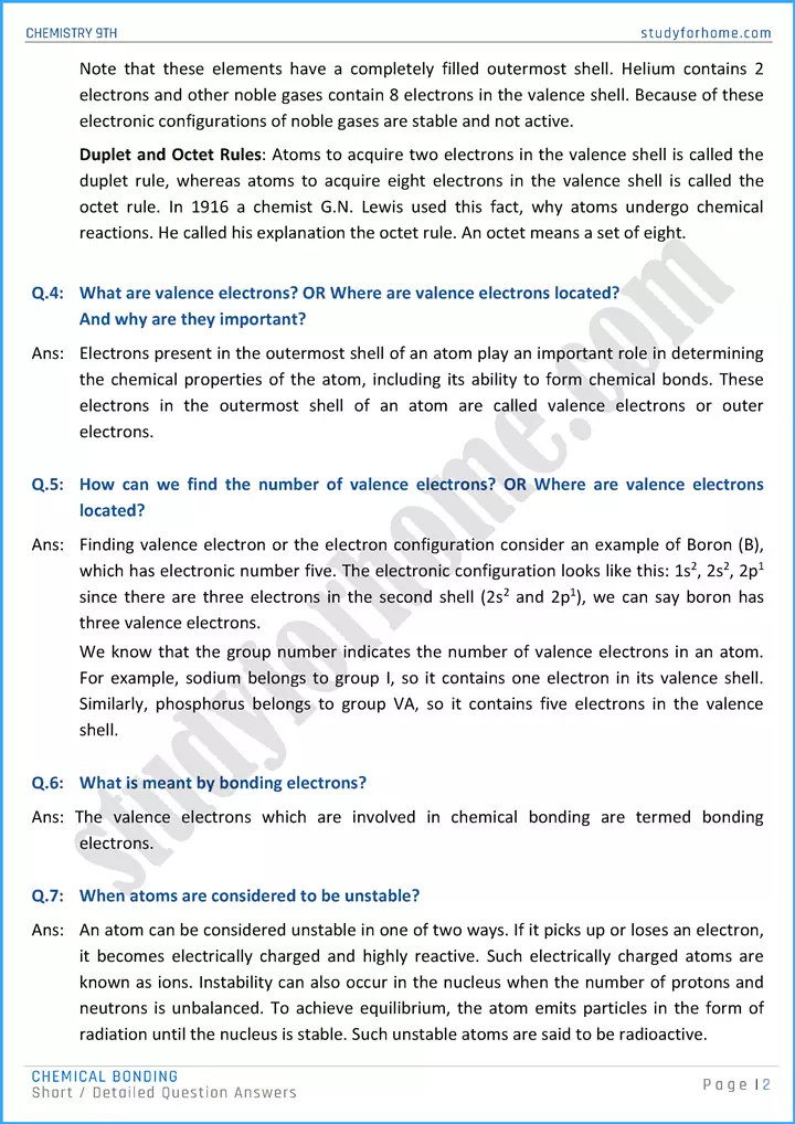 chemical bonding short and detailed question answers chemistry class 9th 02