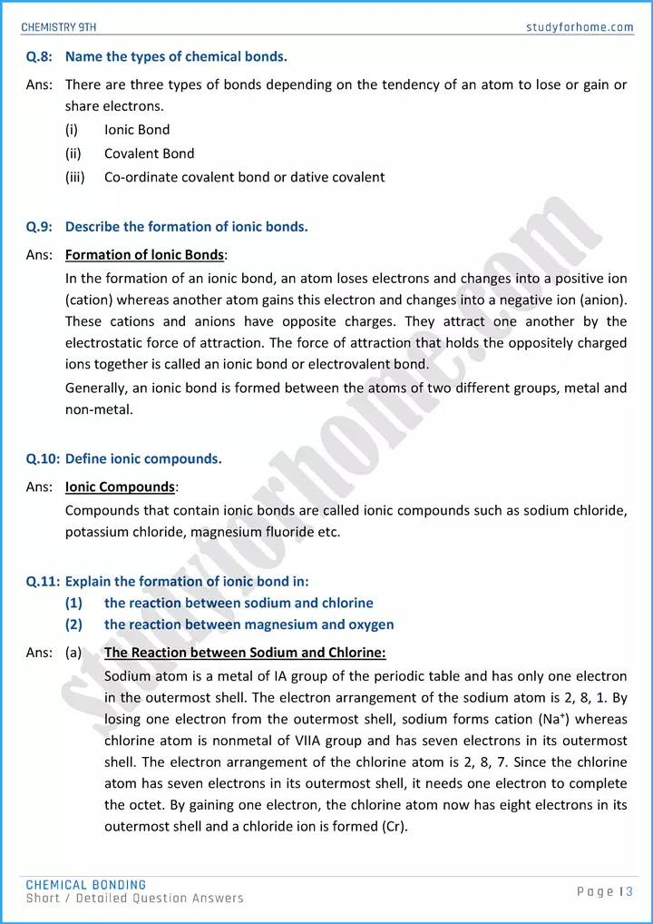 chemical bonding short and detailed question answers chemistry class 9th 03