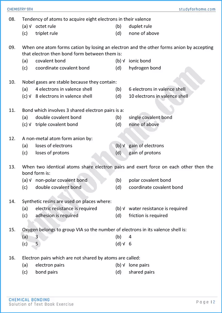 chemical bonding solution of text book exercise chemistry class 9th 02