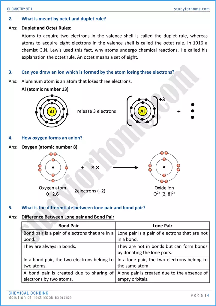 chemical bonding solution of text book exercise chemistry class 9th 04