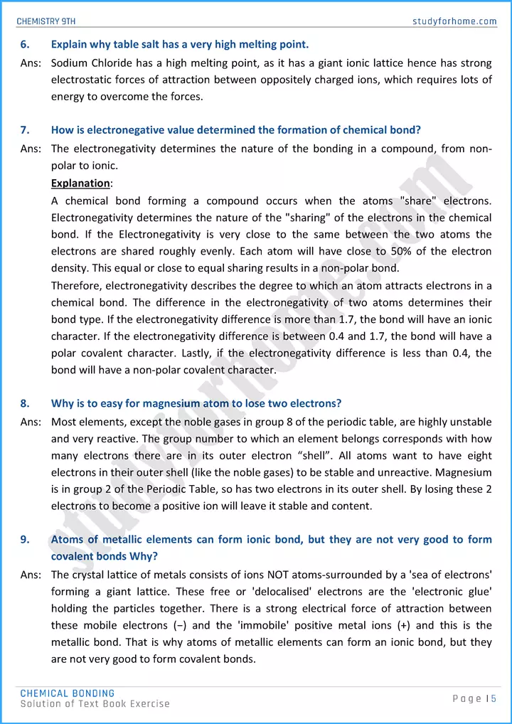 chemical bonding solution of text book exercise chemistry class 9th 05