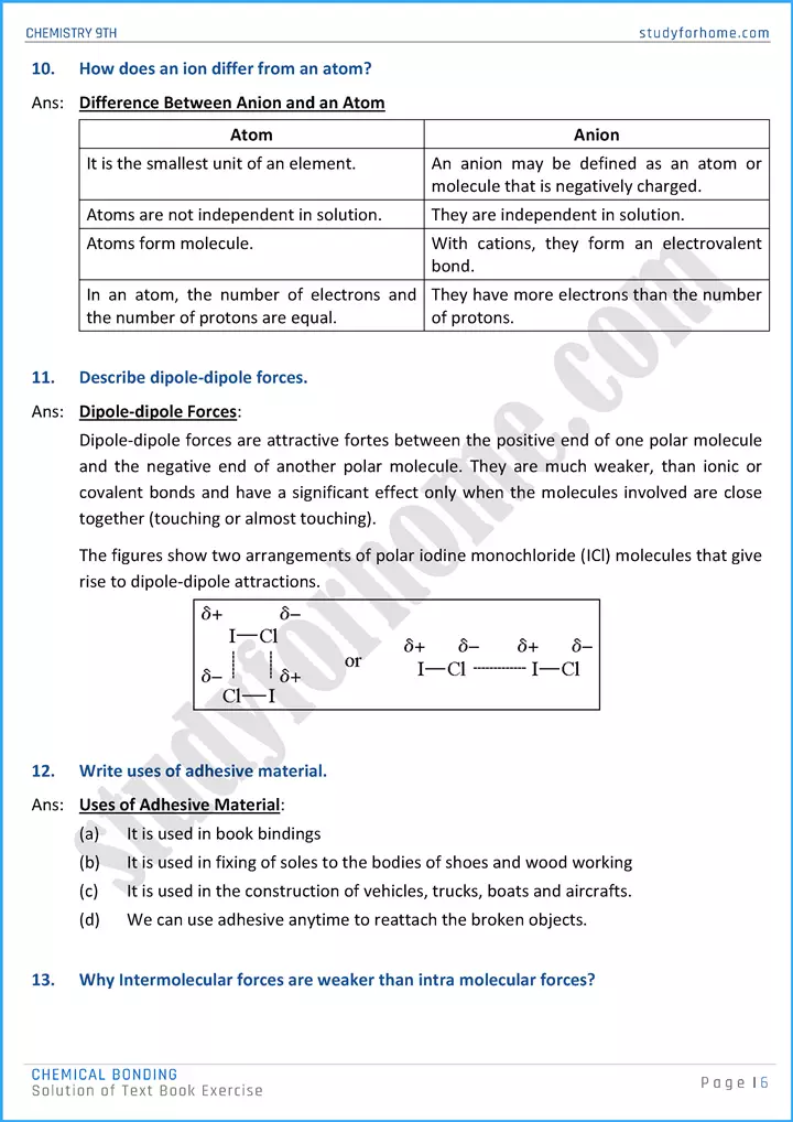 chemical bonding solution of text book exercise chemistry class 9th 06