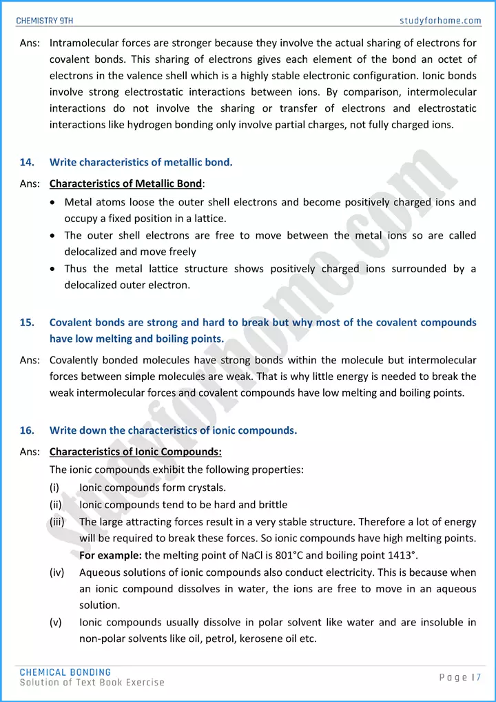 chemical bonding solution of text book exercise chemistry class 9th 07