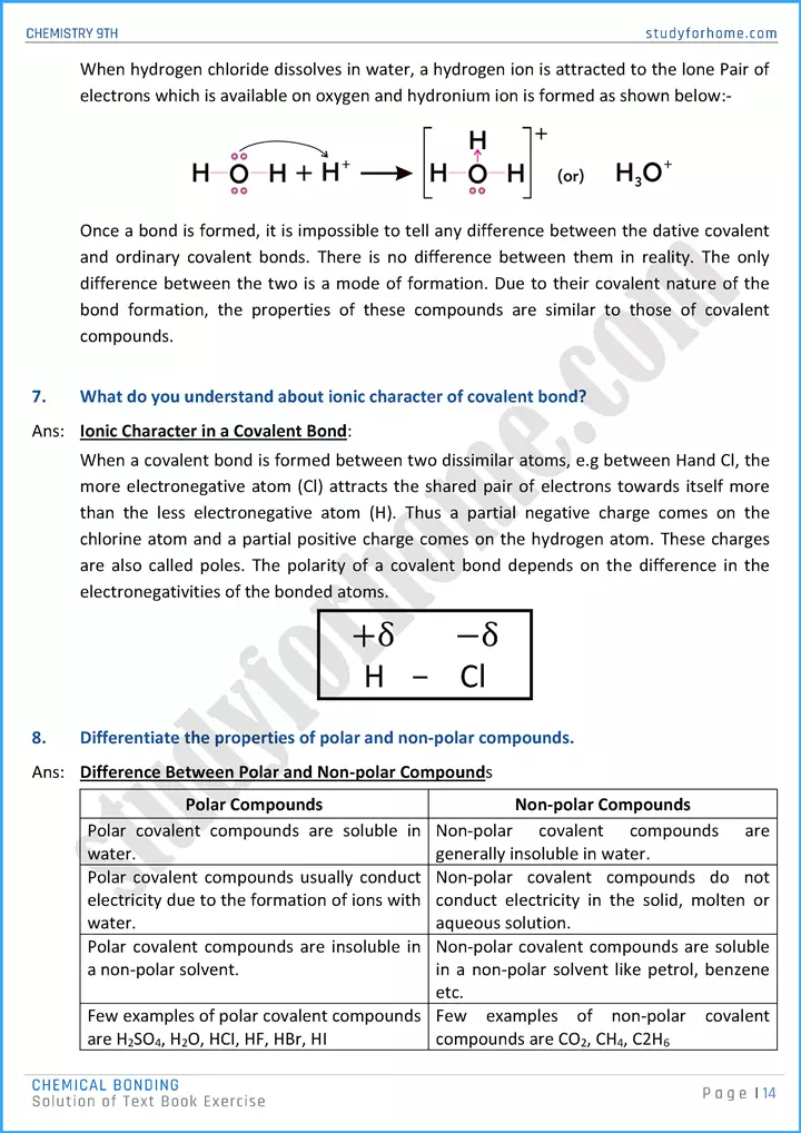 chemical bonding solution of text book exercise chemistry class 9th 14