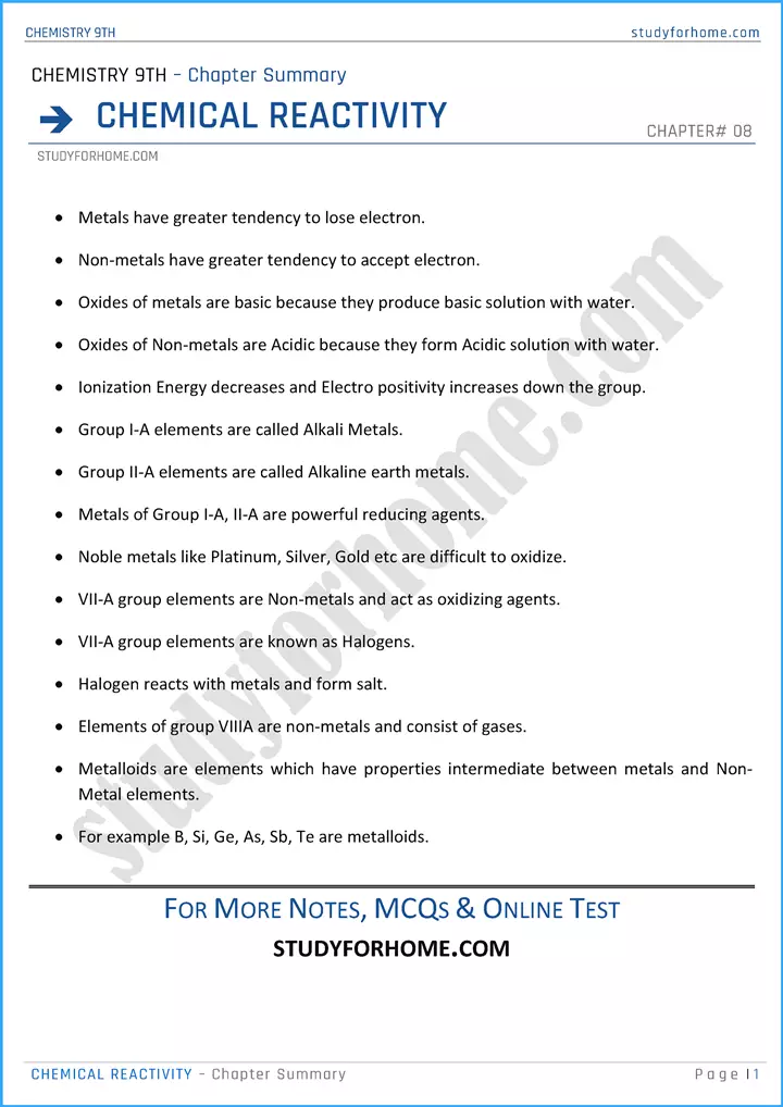 chemical-reactivity-chapter-summary-chemistry-class-9th