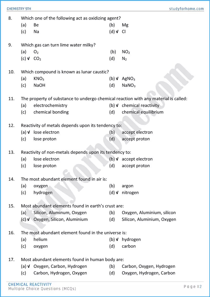 chemical reactivity multiple choice questions chemistry class 9th 02