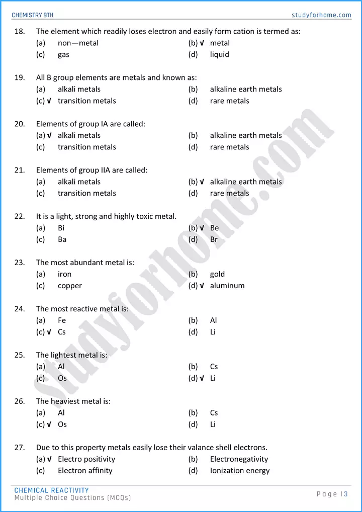 chemical reactivity multiple choice questions chemistry class 9th 03