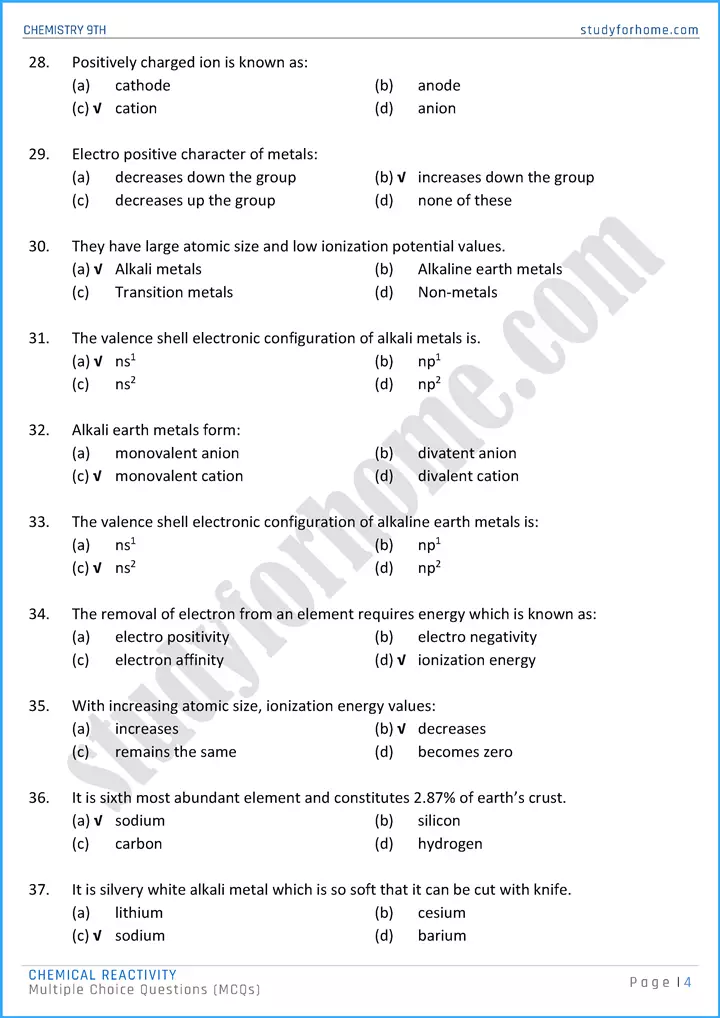 chemical reactivity multiple choice questions chemistry class 9th 04