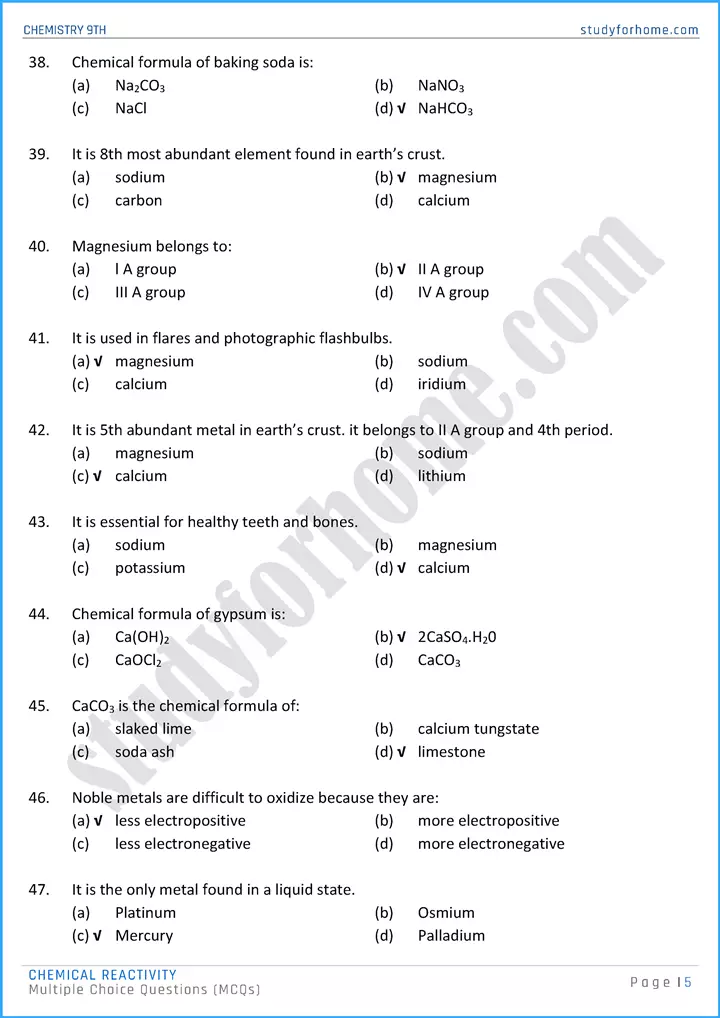 chemical reactivity multiple choice questions chemistry class 9th 05