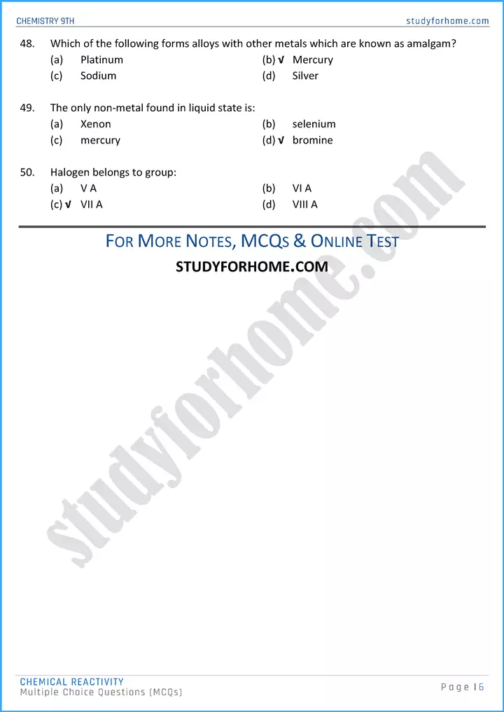 chemical reactivity multiple choice questions chemistry class 9th 06