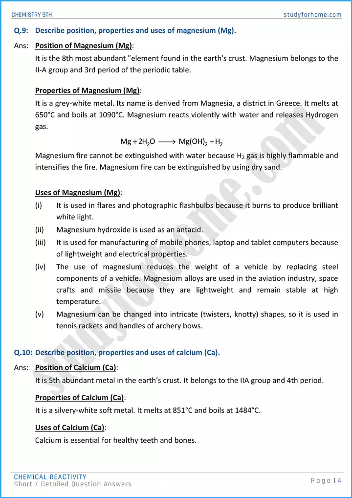 chemical reactivity short and detailed question answers chemistry class 9th 04