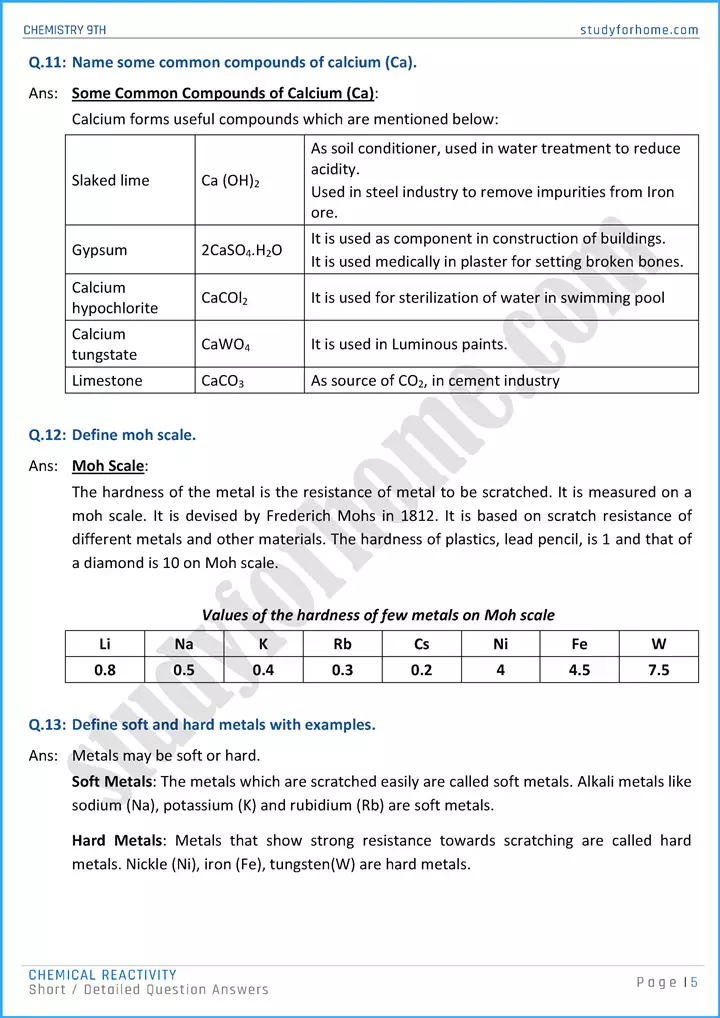 chemical reactivity short and detailed question answers chemistry class 9th 05