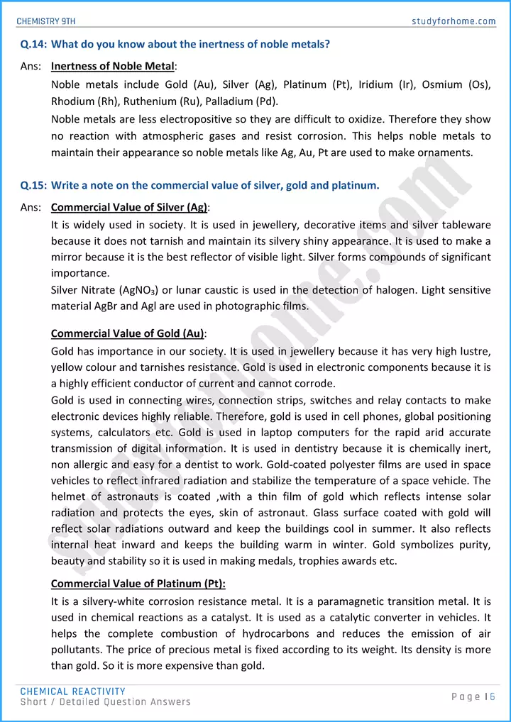 chemical reactivity short and detailed question answers chemistry class 9th 06