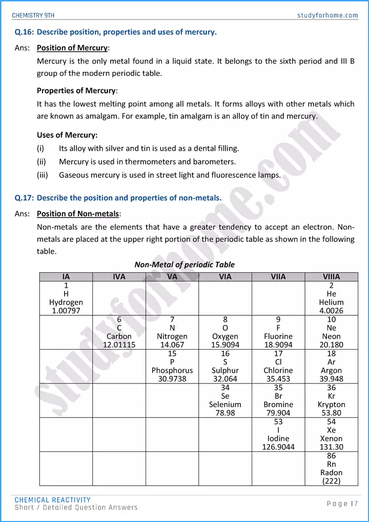 chemical reactivity short and detailed question answers chemistry class 9th 07