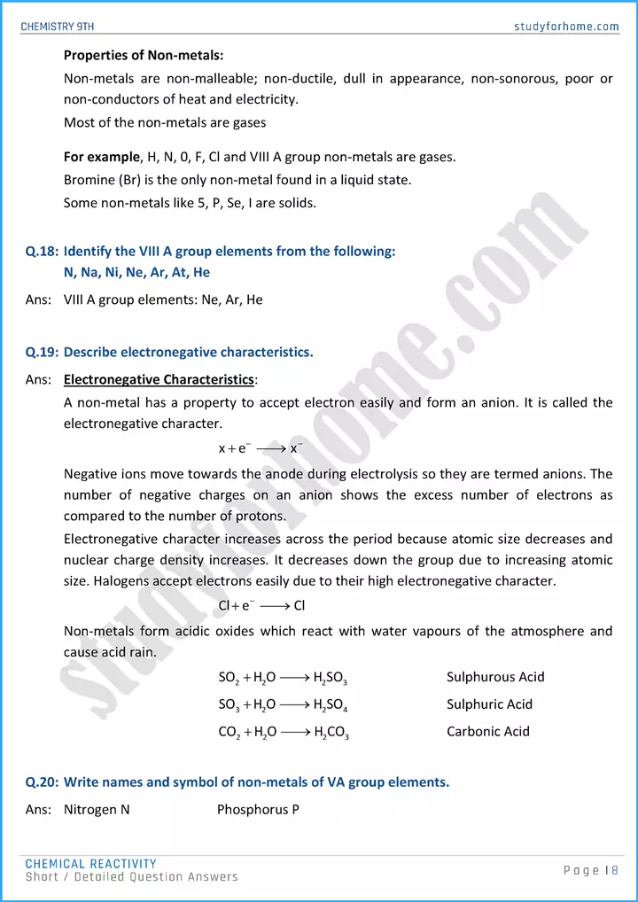 chemical reactivity short and detailed question answers chemistry class 9th 08