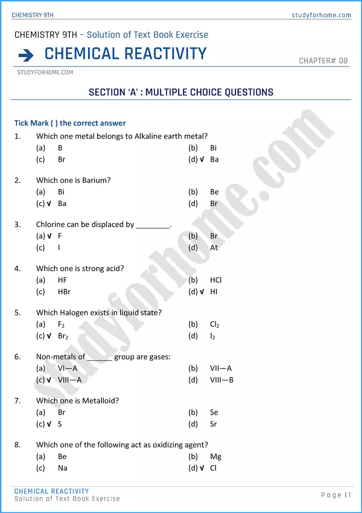 chemical reactivity solution of text book exercise chemistry class 9th 01