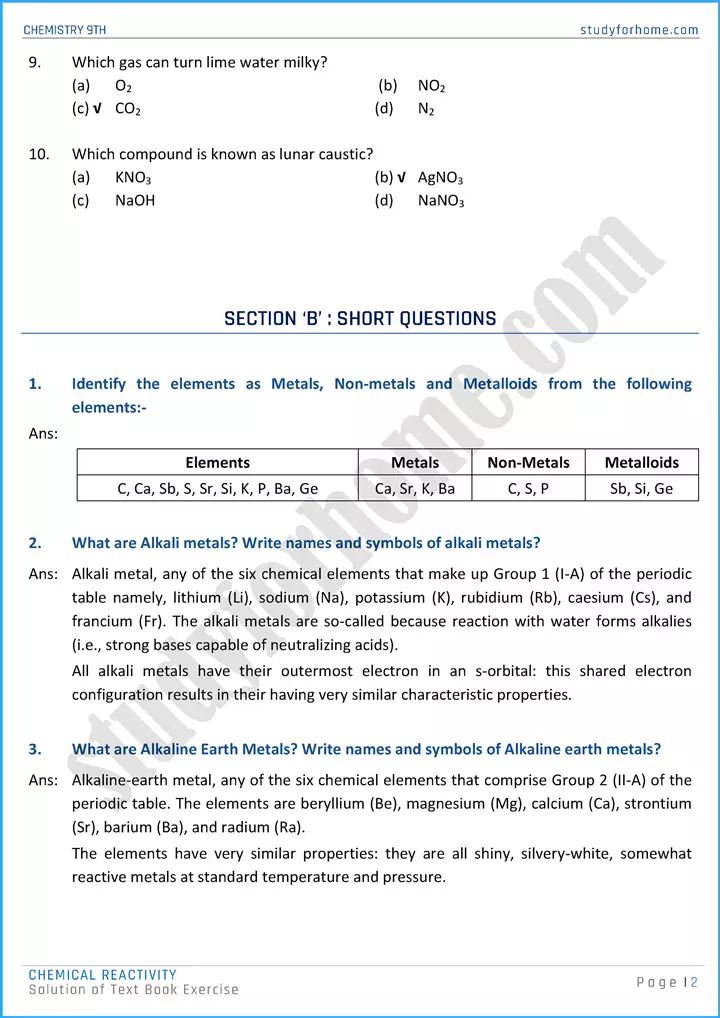 chemical reactivity solution of text book exercise chemistry class 9th 02