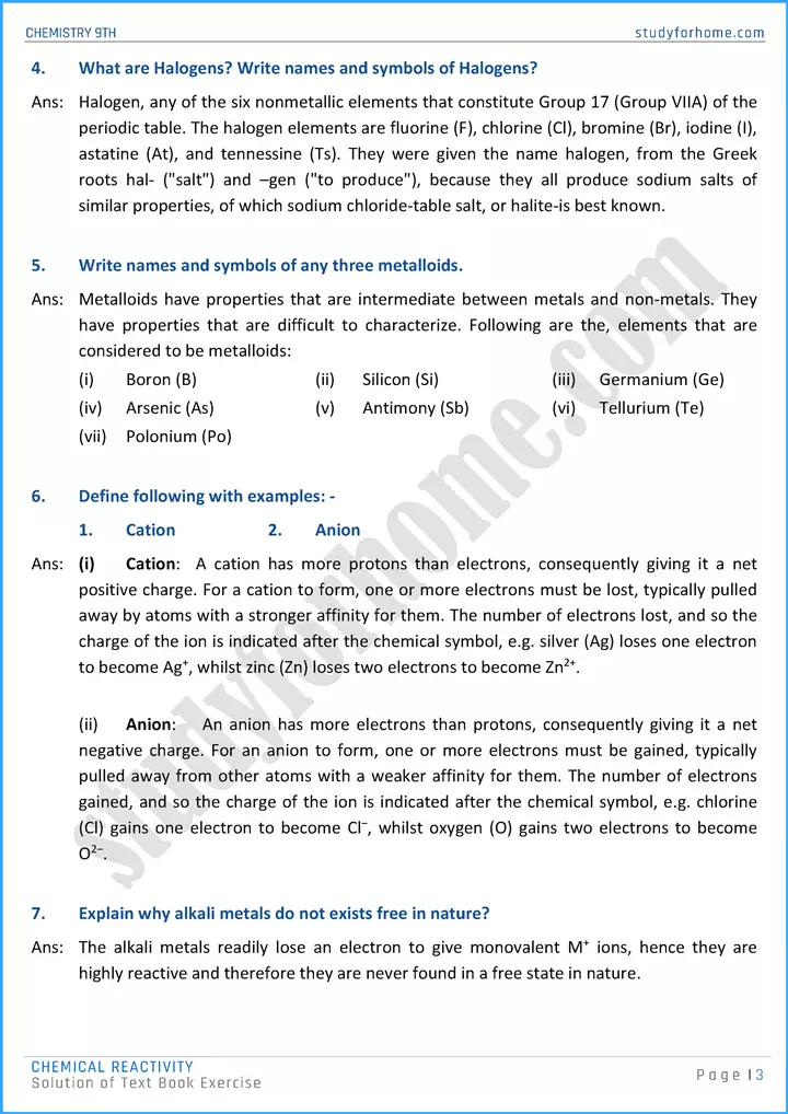 chemical reactivity solution of text book exercise chemistry class 9th 03