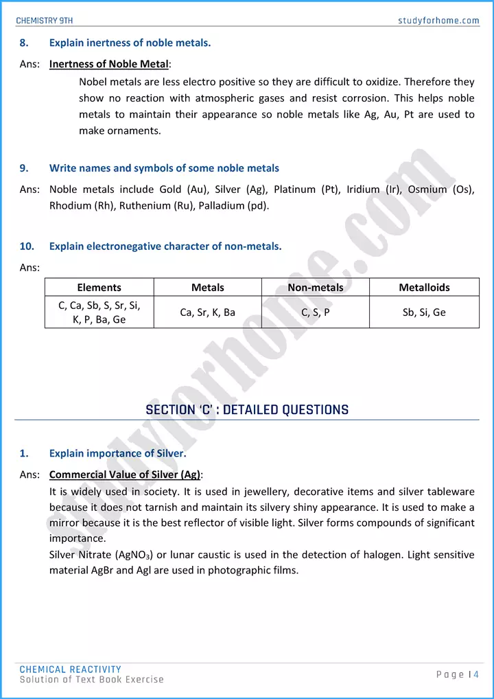 chemical reactivity solution of text book exercise chemistry class 9th 04