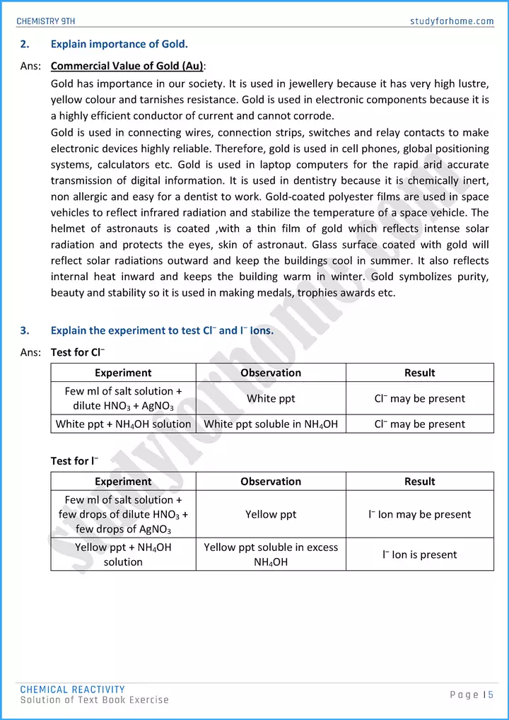 chemical reactivity solution of text book exercise chemistry class 9th 05