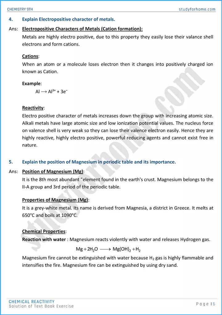 chemical reactivity solution of text book exercise chemistry class 9th 06