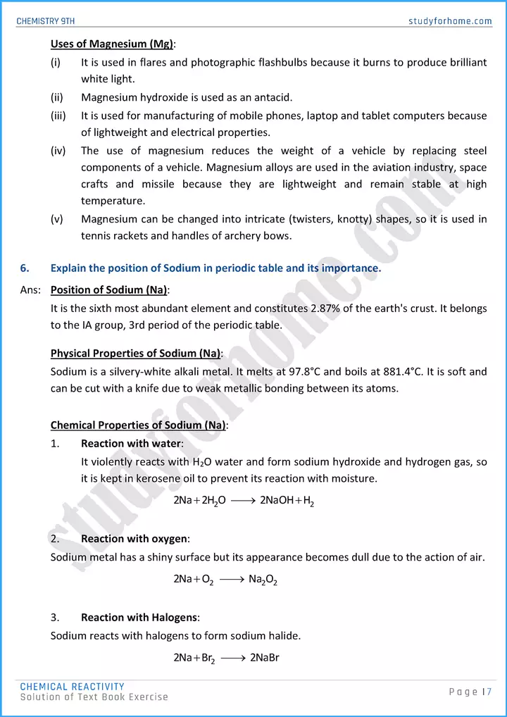 chemical reactivity solution of text book exercise chemistry class 9th 07