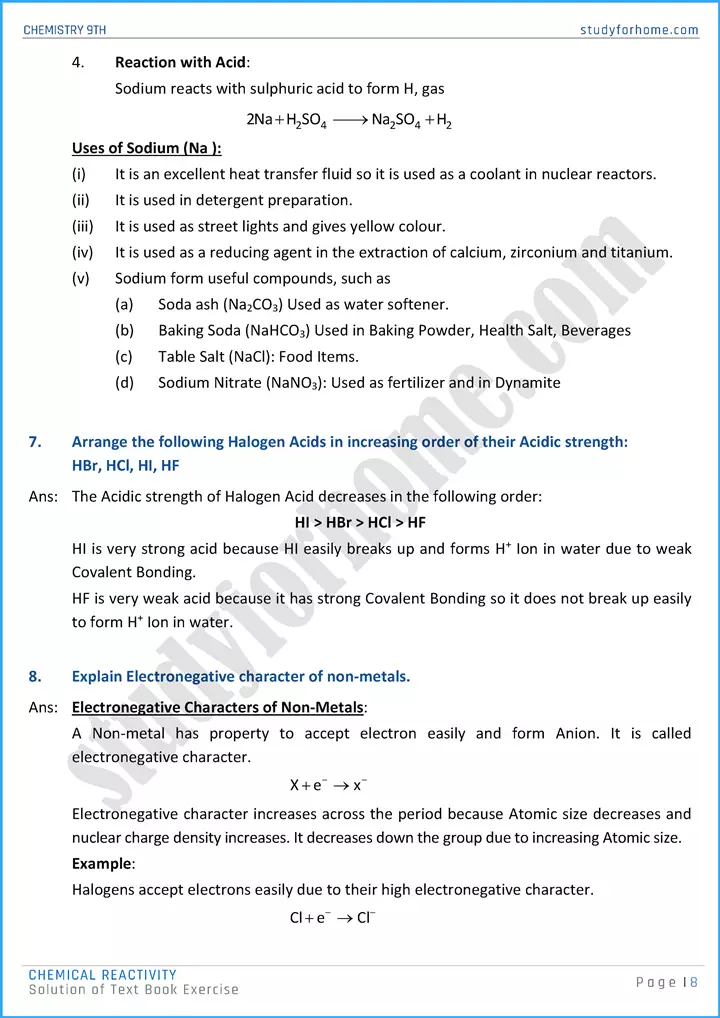 chemical reactivity solution of text book exercise chemistry class 9th 08