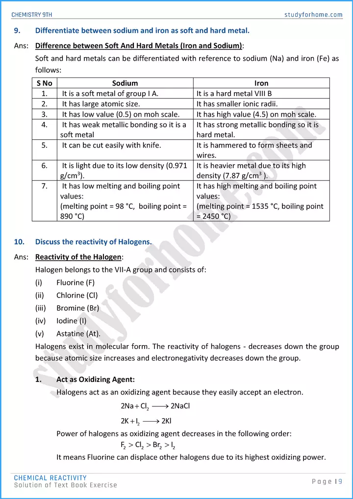 chemical reactivity solution of text book exercise chemistry class 9th 09