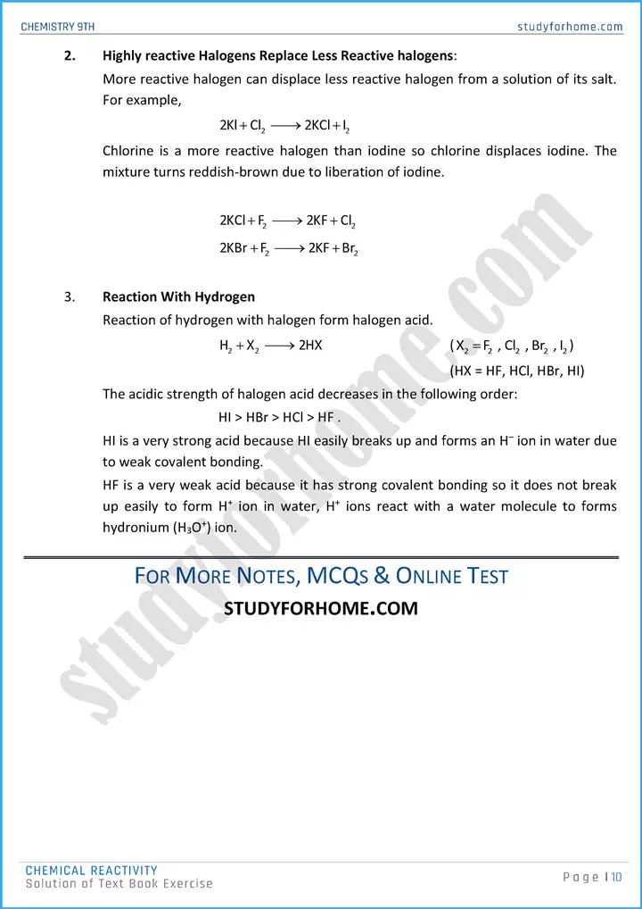 chemical reactivity solution of text book exercise chemistry class 9th 10