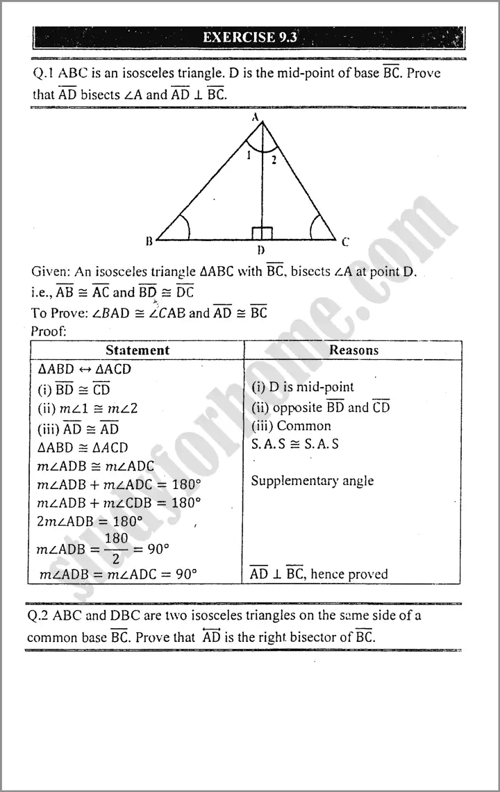 congruent triangles exercise 9 3 mathematics class 9th 01