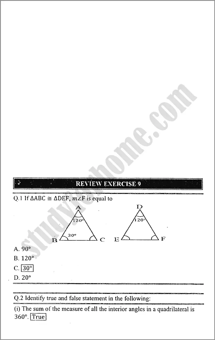 congruent triangles review exercise 9 mathematics class 9th 01