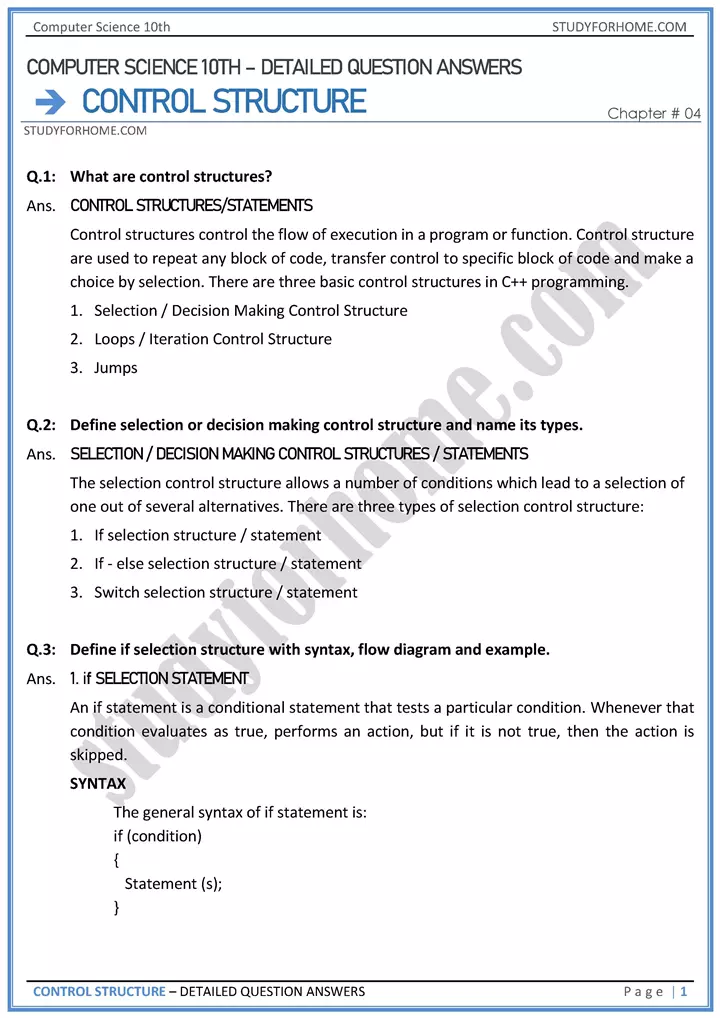 control structure detailed question answers computer science class 10th 01