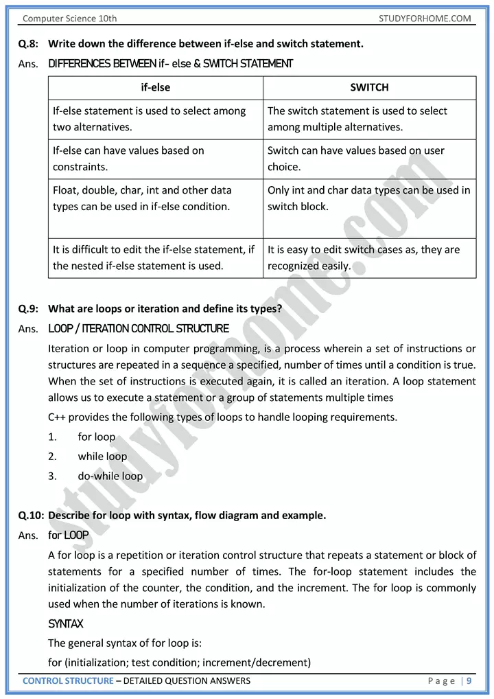 control structure detailed question answers computer science class 10th 09