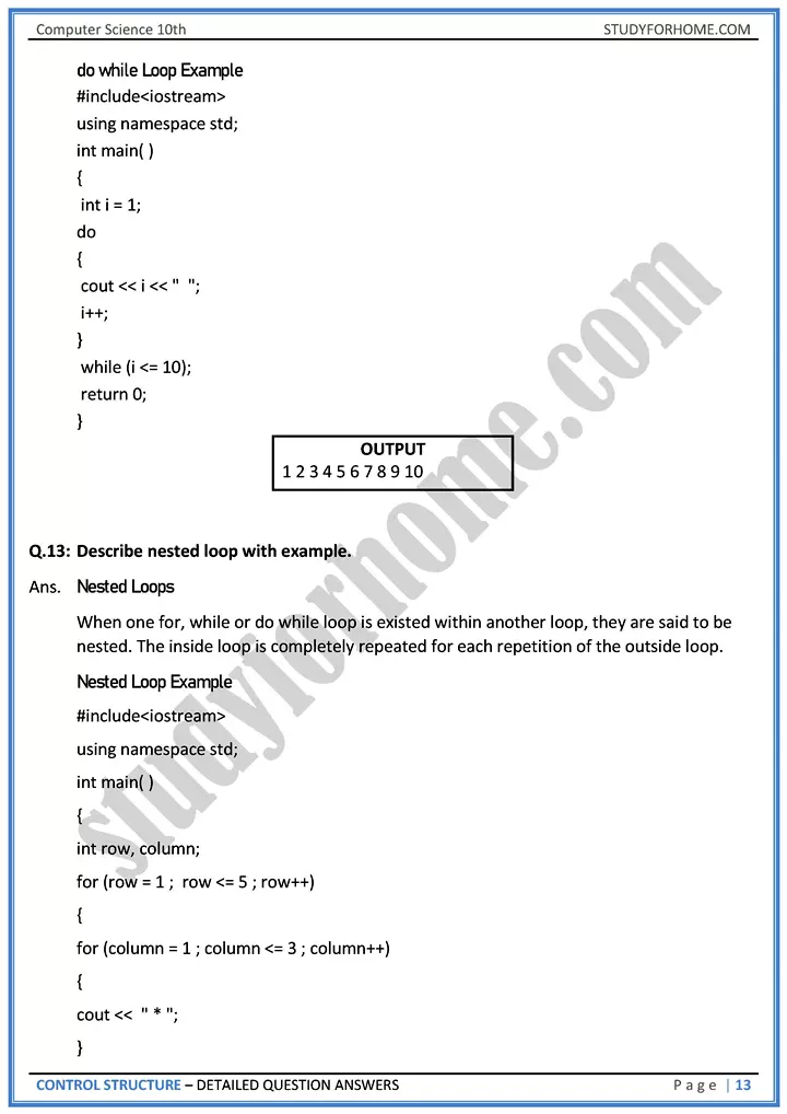 control structure detailed question answers computer science class 10th 13