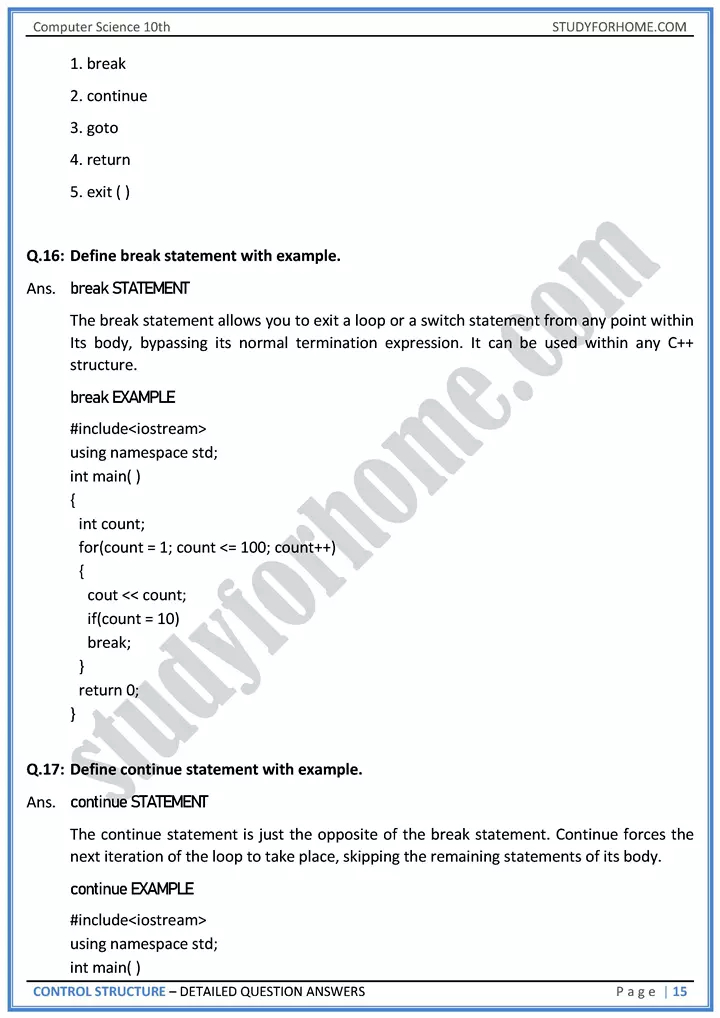 control structure detailed question answers computer science class 10th 15