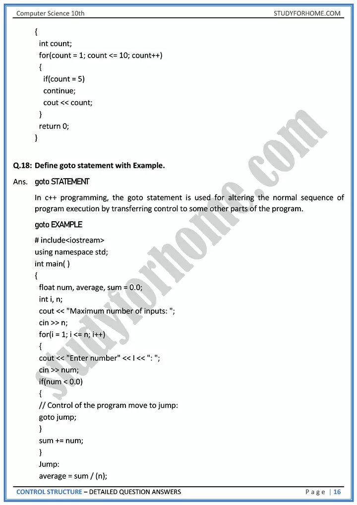 control structure detailed question answers computer science class 10th 16