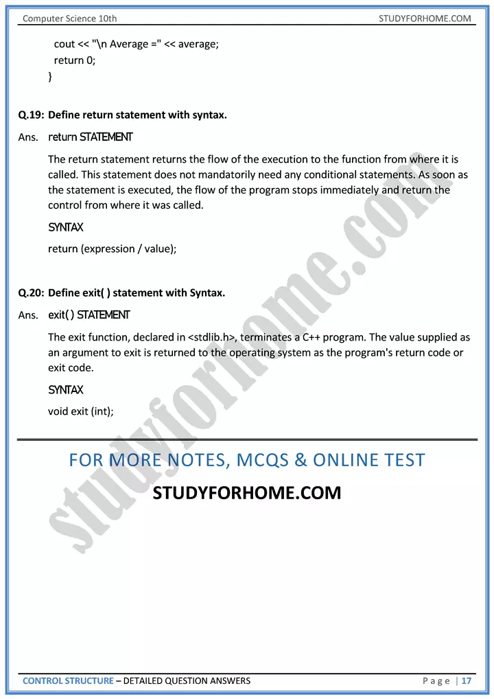 control structure detailed question answers computer science class 10th 17