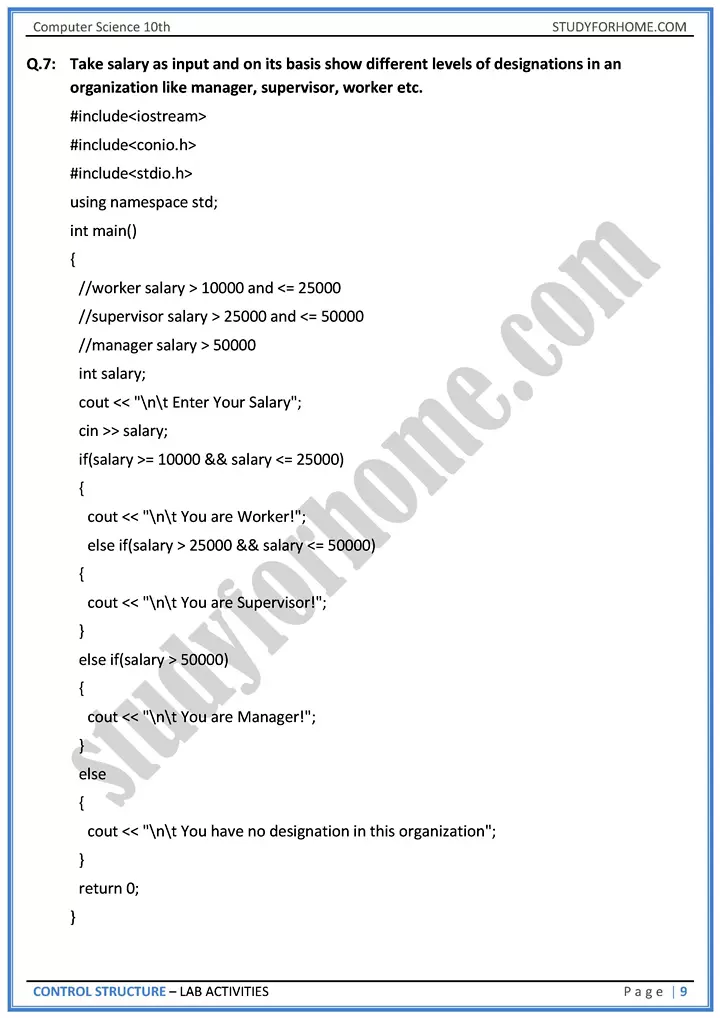 control structure lab activities computer science class 10th 09