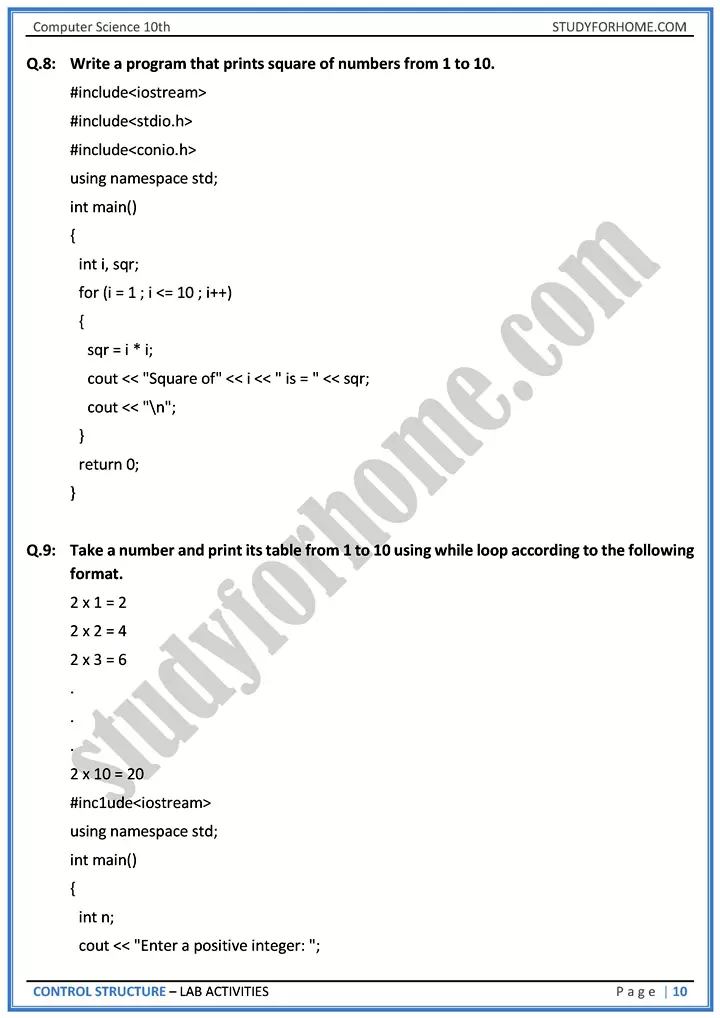 control structure lab activities computer science class 10th 10