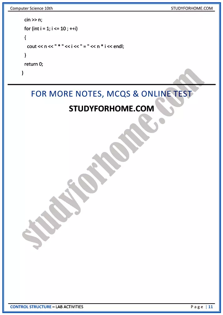 control structure lab activities computer science class 10th 11