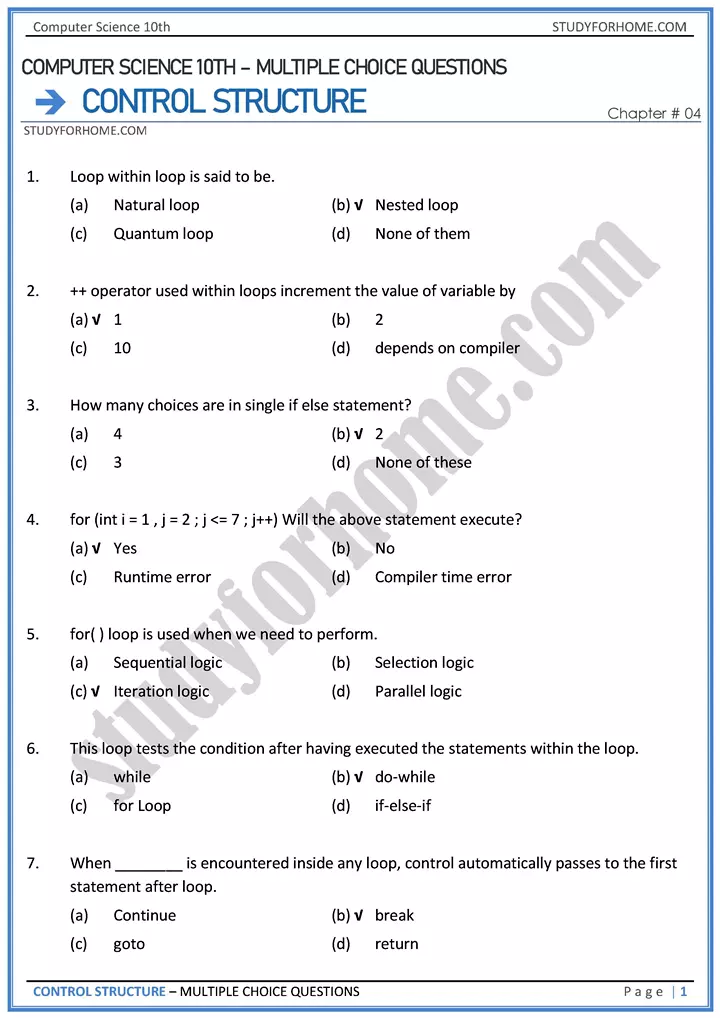 control structure multiple choice questions computer science class 10th 01