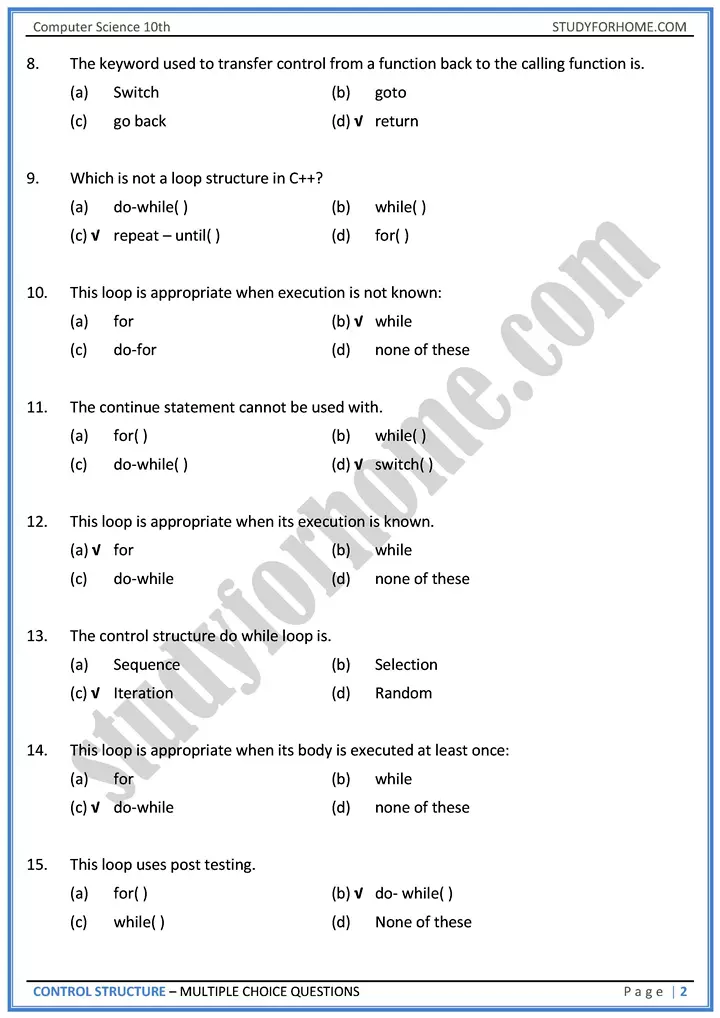 control structure multiple choice questions computer science class 10th 02