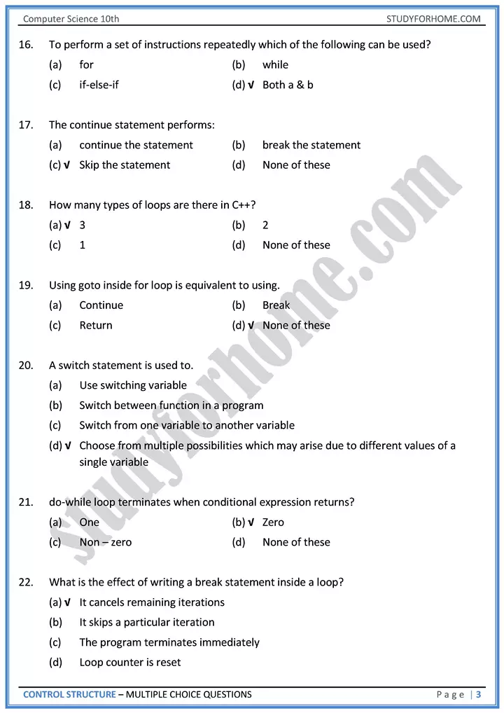 control structure multiple choice questions computer science class 10th 03