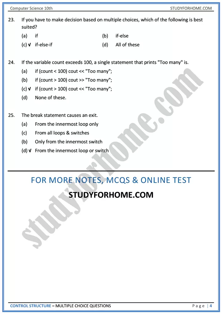 control structure multiple choice questions computer science class 10th 04