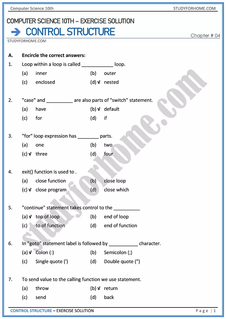 control structure solution of book exercise computer science class 10th 01