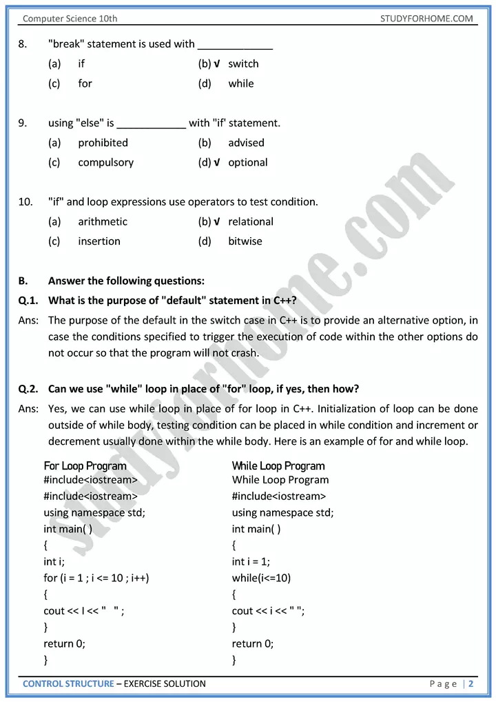 control structure solution of book exercise computer science class 10th 02