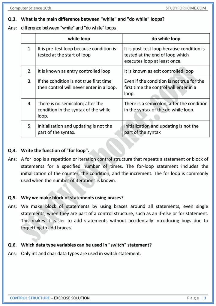 control structure solution of book exercise computer science class 10th 03